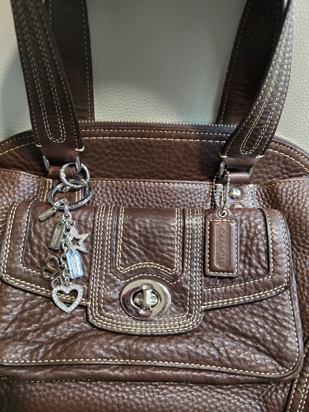 Coach EUC 3 Piece Brown Pebbled Leather Shoulder Bag with Coach Charm & Strap